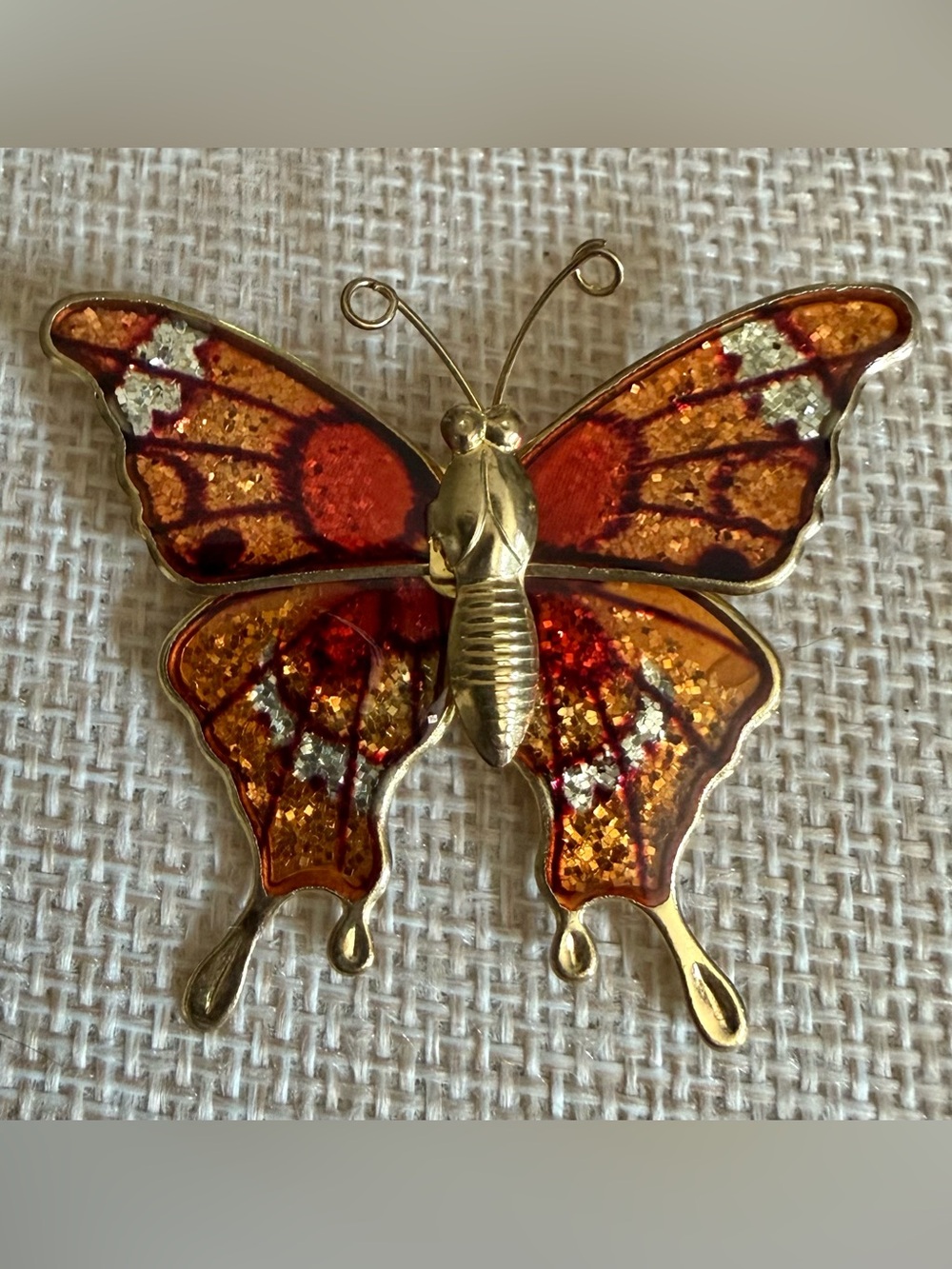 Y2K Butterfly Brooch Orange & White Glittery Hues on Gold Tone Metal